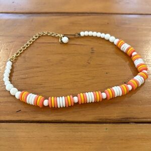 Vintage Beaded Disc Necklace with White, Coral, and Yellow Heishi-Style Beads